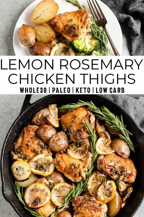 This healthy meal prep recipe uses lemons, rosemary, chicken thighs, and potatoes for a simple weeknight dinner idea. This whole 30 recipe uses only one skillet! It's paleo, gluten free, keto, and low carb. #whole30 #mealprep #ketorecipes #chickenthighs Rosemary Chicken And Potatoes, Rosemary Chicken Thighs, Lemon Rosemary Chicken, Whole30 Chicken, Chicken Keto, Chicken And Potatoes, Whole30 Dinners, Lemon Rosemary, Rosemary Chicken