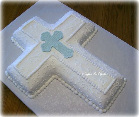 White & Blue Cross For a boy's First Communion; center cross is fondant/gumpaste molded in a silicone mold. There is a First... Baptism Cake Boy, First Holy Communion Cake, Cross Cake, Holy Communion Cakes, Cross Cakes, Religious Cakes, First Communion Cakes, Holy Communion Party, Boys First Communion