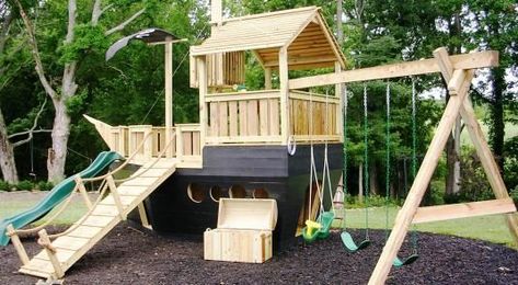 Pirate Playground, Backyard Playground Landscaping, Ship Playhouse, Pirate Ship Playhouse, Playground Landscaping, Indoor Playhouse, Build A Playhouse, Pirate Ships, Diy Playground