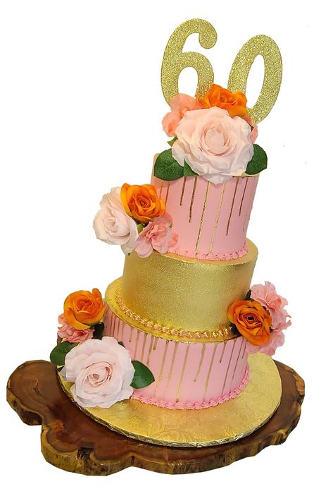 3 Tier Pink and gold cake with gold drip and flowers 3 Tier 60th Birthday Cake, Cake With Gold Drip, Pink And Gold Cake, 60th Birthday Cake, Cake With Gold, 60th Birthday Cakes, Gold Drip, Gold Cake, Drip Cakes