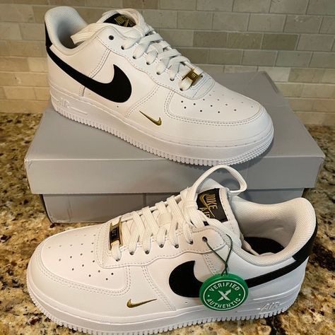 Nike Air Force 1 White Black and Gold Black And Gold Nike Shoes, Nike Air Force 1 Gold, Gold Air Force 1, Gold Nike Shoes, Black Tick, Nike Air Force 1 White, Air Force 1 White, Nike Gold, Goofy Pictures