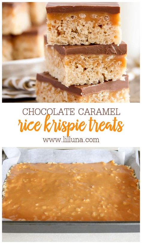 Deliciously decadent Chocolate Caramel Rice Krispie Treats are a new chocolatey twist on the classic treat! #ricekrispietreats #chocolatecaramel #caramel #chocolate #desserts #ricekrispies Rice Krispie Treats Salted Caramel, Rice Crispy Treats Caramel, Rice Krispie Caramel Bars, Rice Crispy Treats With Caramel, Rolo Rice Krispie Treats, Caramel Krispie Treats, Salted Carmel Rice Crispy Treat, Layered Rice Krispie Treats, Twix Rice Krispie Treats