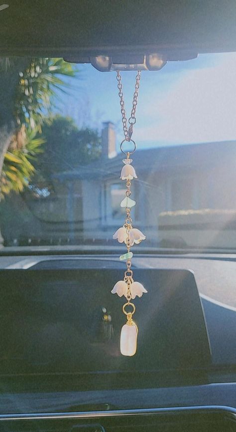 Lily of the valley with rose quartz Car Rear View Mirror Accessories, Car Hanger, Car Charm, Sun Catcher, Room Decor -  #accessories #Car #Catcher #Charm #decor #Hanger #Lily #Mirror #Quartz #Rear #Room #Rose #Sun #Valley #View Diy Car Charms Rear View Mirror, Diy Car Mirror Hangers, Cute Car Decor Ideas, Diy Car Charms, Car Charms Diy, Aesthetic Car Decor, Car Mirror Accessories, Beaded Car Charms, Car Mirror Hangers