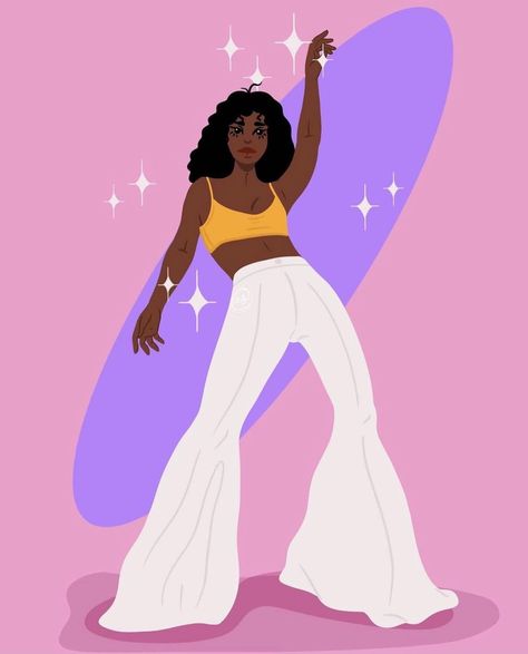 Supporting Women Artists on Instagram: “✨by @ariannasivira ✨Dancing queen! This is gorgeous! . . ID: A digital illustration of a Black person with black hair, wearing a yellow…” White Flowy Pants, Queen Drawing, Dance Pose, Beautiful Dance, Person Drawing, Yellow Crop Top, Disco Dance, Black Person, Flowy Pants