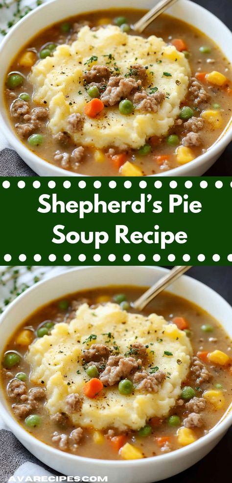 Searching for ground beef recipes? This Shepherd’s Pie Soup Recipe is perfect! A hearty soupe option, ideal for those who love shepherd s pie recipe, and perfect for easy dinner ideas or soup dinner recipes. Traditional Shepherds Pie Recipe, Comfort Soup Recipes, Beef Soup Recipes, Soup With Ground Beef, Shepherds Pie Recipe, Homemade Soup Recipe, Comfort Soup, Soup Kitchen, Soup Recipes Slow Cooker