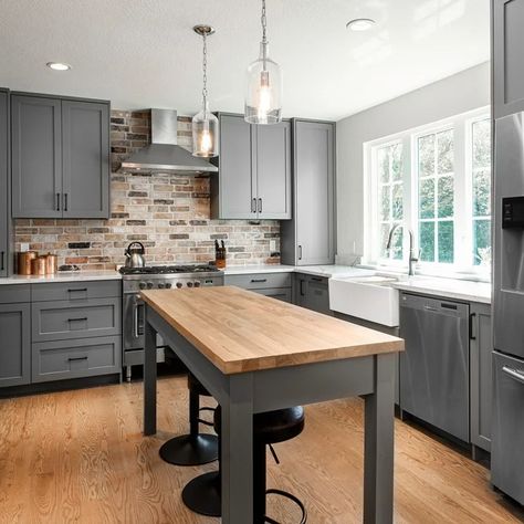 75 Kitchen with Gray Cabinets and Wood Countertops Ideas You'll Love - January, 2024 | Houzz Kitchen Cabinets Brick Backsplash, Built Kitchen Cabinets, Kitchen Grey Cabinets, Kitchen With Gray Cabinets, Custom Built Kitchen Cabinets, Backsplash Quartz, Custom Built Cabinets, Transitional Kitchen Design, Kitchen Set Up