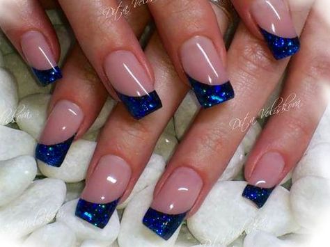 Blue Polish Nail Designs, Blue Nail Tip Designs, Blue Nail Tips French, French Nails With Blue Design, Blue French Nail Designs, Blue Tip Nails French Manicures, Blue French Tip Nails With Design, Blue Nail Tips, French Manicure Blue