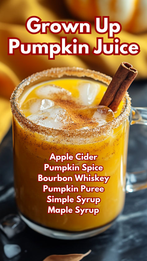 Grown Up Pumpkin Juice Pumpkin Juice Cocktail, Pumpkin Puree Drink Recipes, Pumpkin Cider Cocktail, Pumpkin Bourbon Cocktail, Pumpkin Mocktail Recipe, Pumpkin Drinks Alcoholic, Booze Bucket, Pumpkin Cocktails, Autumn Beverages