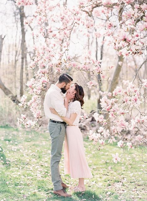 Lucky for us, its the time of year where cherry blossoms are blooming around us. Get inspired with these lovely cherry blossom spring wedding details! Engagement Announcement Photos, Emily Jane, Contax 645, Spring Engagement Photos, Magnolia Tree, Cherry Blossom Wedding, Photography Pics, Engagement Session Outfits, Spring Engagement