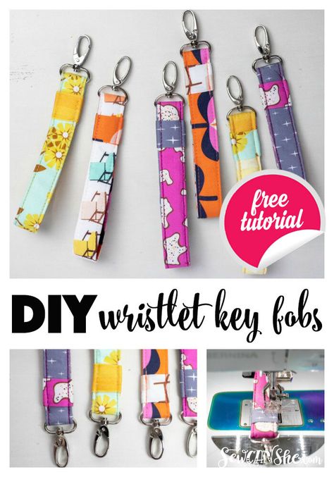 Sew a DIY Wristlet Key Fob - fast and easy gift idea! How To Make Cloth Keychains, Scrap Fabric Key Fob, Keyfob Sewing Pattern, Fabric Key Fob Tutorial, Scrap Key Fob Tutorial, Free Craft Sewing Patterns, Sewing Machine Diy Projects Ideas, Wristlet Keychain Sewing Pattern, Key Fob Sewing Pattern Free