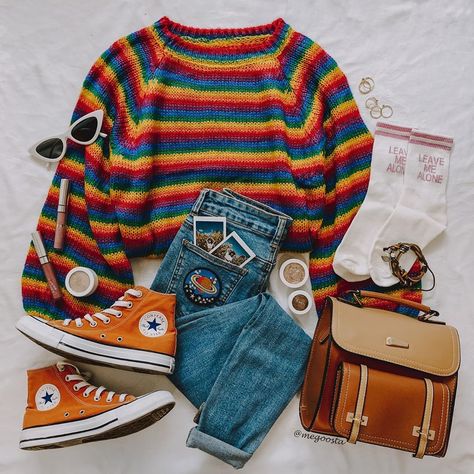 Megoosta Fashion 🌈☀️🌙⭐️ on Instagram: “The perfect rainbow sweater to wear alone or under overalls 🌈😍 Tap to shop!” Grunge Vintage Aesthetic, Indie Core, E Boys, Rainbow Outfit, Rainbow Sweater, Grunge Vintage, Skirt Maxi, Winter Fits, Favorite Sweater