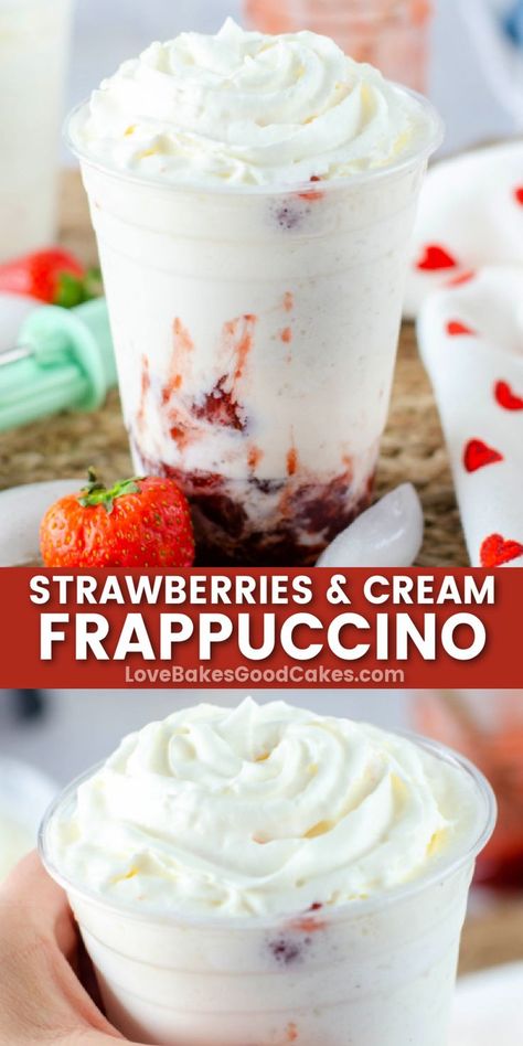 This Strawberries and Cream Frappuccino drink recipe is so refreshing! Creamy and fruity - perfect for summer! Lotus Drinks, Love Bakes Good Cakes, Milkshake Recipe Easy, Good Cakes, Strawberry Stuff, Frosty Recipe, Fruity Recipes, Frappe Recipe, Frappuccino Recipe