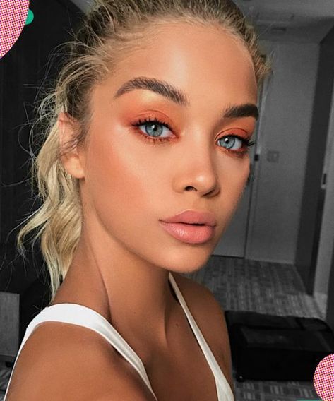 https://www.refinery29.uk/new-instagram-makeup-looks?utm_source=email Blue Eyes Orange Makeup, Eyeshadow Blonde Hair Blue Eyes, Blue Eyes Orange Eyeshadow, Orange Eyeshadow For Blue Eyes, Orange Make Up, Make Up Orange, Eyeshadow Blue Eyes, Orange Ponytail, Orange Eyeshadow Looks