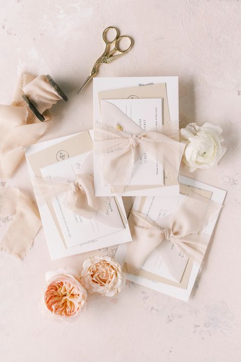 Tie Wedding Invitations Together, Tied Wedding Invitations, Ribbon Around Wedding Invitation, Wedding Invitations With Bow, Chiffon Ribbon Invitation, Bow Wedding Invitations, Wedding Invite Ribbon, Winter Wedding Invites, Wedding Invitations With Ribbon