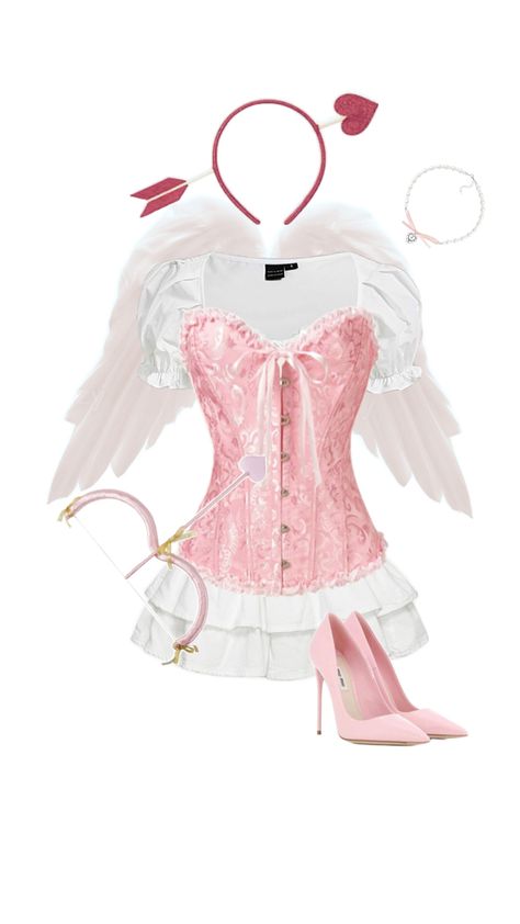 Cupid Pink Costume, Cupid Halloween Costume Pink, Pink Corset Halloween Costume, Pink Cupid Costume, Cupid Costume Aesthetic, Cupid Costume Ideas, Cupid Outfit, Cupid Halloween Costume, Cupid Costume