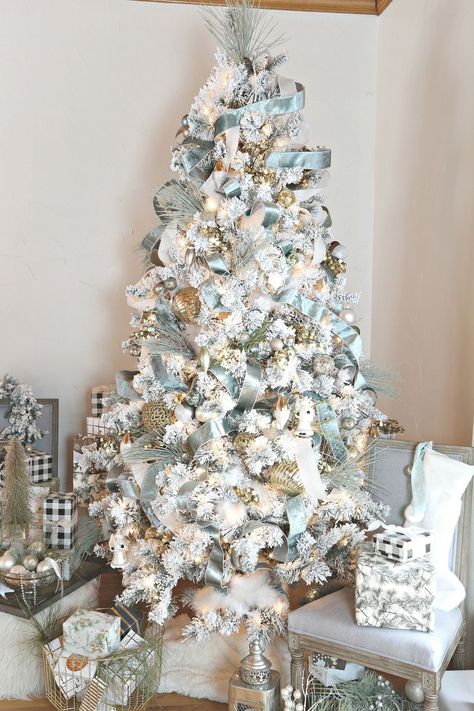 White Flocked Christmas Tree with Velvet Ribbon. #xmastreedecorations White Flocked Christmas Tree, Flocked Christmas Tree, Blue Christmas Decor, Flocked Christmas Trees Decorated, Elegant Christmas Trees, Farmhouse Christmas Tree, A White Christmas, Gold Christmas Decorations, Fun Christmas Decorations