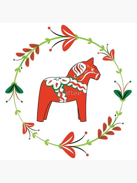 Scandinavian Folk Art Swedish Style, Swedish Tattoo, Art Wreath, Swedish Folk Art, Greeting Card Art, Swedish Christmas, Horse Tattoo, Dala Horse, Wall Window