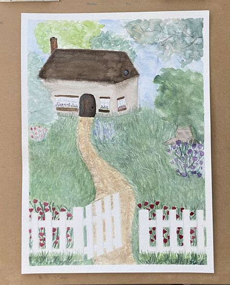 Watercolor Cottage, Chicken Drawing, Picket Fence, Senior Year, Drawing Inspiration, Watercolor Painting, Fence, Watercolor Paintings, Cottage