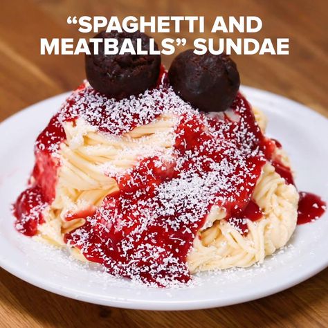 “Spaghetti And Meatballs” Sundae Recipe by Tasty Spaghetti Ice Cream, Brownie Balls, Sundae Toppings, Sundae Recipes, Homemade Hot Fudge, Meatball Dinner, Strawberry Sundae, Potato Ricer, Stuffed Sweet Potato Healthy