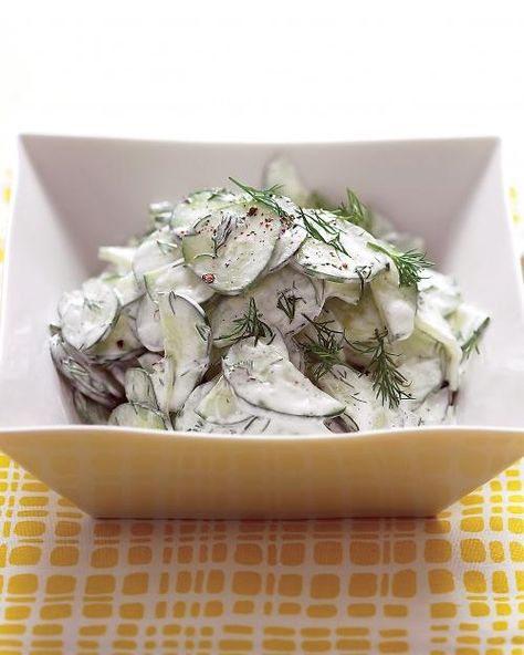 Reduced-fat sour cream (in place of full-fat) lowers the calorie count without losing taste -- Cucumber Salad with Sour Cream and Dill Dressing Recipe Cucumber Dill Salad, Creamed Cucumbers, Dill Dressing, Martha Stewart Recipes, Quick Side Dishes, Creamy Cucumber Salad, Creamy Cucumbers, Cucumber Recipes Salad, Think Food