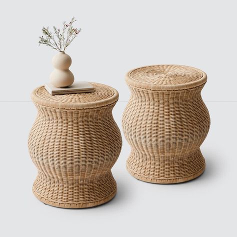 A sculptural accent that’s bound to make a statement, this breezy wicker stool is woven from locally-sourced rattan. Add a little extra seating to your space or style it as an effortlessly chic end table. Crafted in Cirebon, Indonesia, each piece can take up to 7 days to complete. All made start-to-finish in a fair trade environment. This stool is best suited for indoor use. | The Citizenry Dua Wicker Stool | Natural Wicker End Table, Woven Side Table, Woven Stool, Wicker Stool, Bamboo Side Table, Oversized Lumbar Pillow, Wicker Ottoman, Wicker Side Table, Rattan Stool