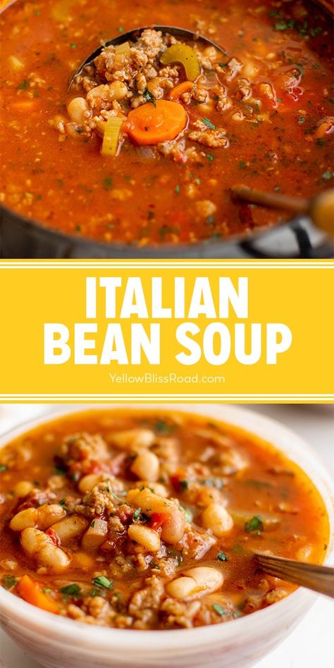 Italian Bean Soup is hearty and comforting, full of sweet Italian sausage, white beans and vegetables in a rich tomato beef broth. Beef And White Bean Soup, Italian Sausage Bean Soup Recipes, Bean Soup With Sausage Recipes, Best Bean Soup Ever, Crock Pot Italian Soup Recipes, Hearty Italian Beef Soup, White Bean And Italian Sausage Soup, Soup With Sweet Italian Sausage, Italian Sausage And Pepper Soup