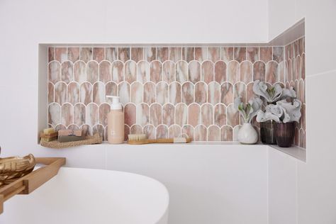 The Block 2021: Week 2 — Guest ensuite reveal - Style Curator Arched Niche In Wall Bathroom, Shower Wall Niche Ideas, Bath Feature Wall, Curved Tiles, Bath Plants, Modern Moroccan Bathroom, Vanity Styling, Tile Niche, Terrazo Flooring