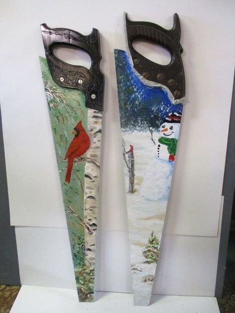 Hand Saw Painting Ideas, Hand Saws, Pallet Christmas, Snowman Painting, Craft Show Ideas, Hand Saw, Winter Scene, Tole Painting, Christmas Paintings