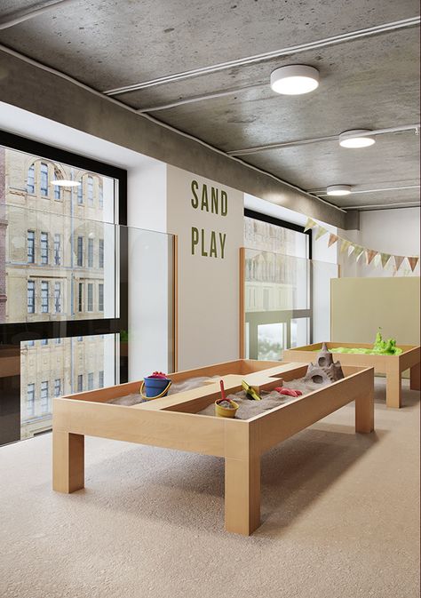 Activity Corner Ideas For Classroom, Kindergarten Classroom Play Area, Kids Cafe Interior, Aesthetic Daycare, Modern Daycare, Kids Area Design, Modern Daycare Design, Daycare Interior Design, Daycare Center Ideas