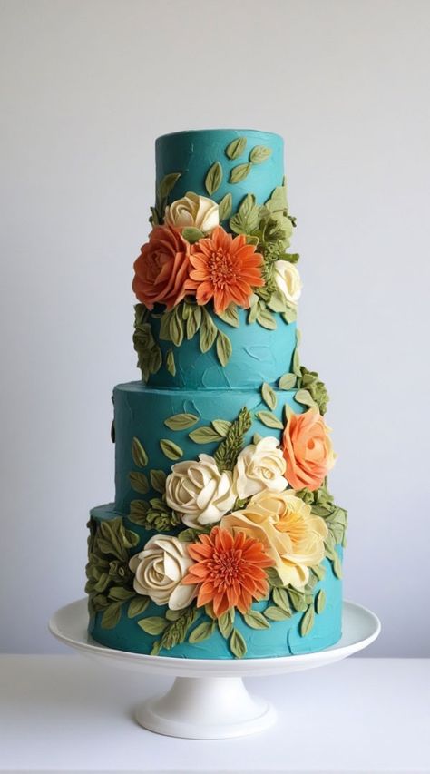 Vintage Floral Elegance Cake, wedding cake, wedding cake trends, wedding cake inspiration Teal Wedding Cakes, Coral And Teal Wedding, Teal Wedding Cake, Coral Cake, Wedding Cake Trends, Pretty Wedding Cakes, Creative Wedding Cakes, Berry Cake, Winter Cake