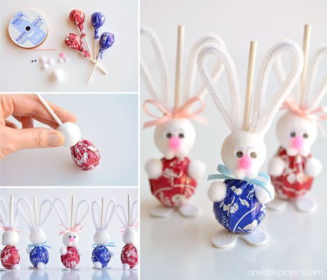 These lolly pop bunnies are SO CUTE and they're really simple to make! They're adorable treats for an Easter basket, or even for the Easter table! So fun! Diy – Velikonoce, Easter Favors, Crafts Easter, Easy Easter Crafts, Easter Bunny Crafts, Easter Projects, Easter Crafts Diy, Bunny Crafts, Easter Crafts For Kids