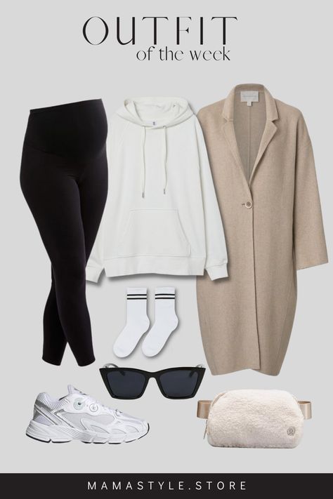 Take a look at this comfortable daytime outfit to stay cozy and stylish effortlessly during your pregnancy. Hoodie And Coat, Casual Maternity Outfits, Pregnancy Outfit, Outfit Sporty, Coat Belt, Outfit Hoodie, H&m Leggings, H&m Shoes, Casual Maternity