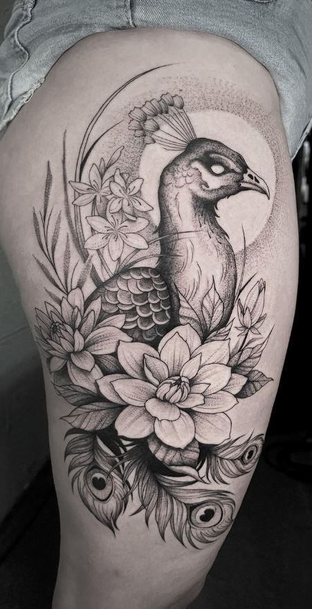 Large Peacock Tattoo, Peacock Thigh Tattoo For Women, Black And Grey Peacock Tattoo, Peacock Flower Tattoo, Peacock Thigh Tattoo, Peacock Tattoo For Women, Peacock Tattoo Men, Pavo Real Tattoo, Peacock Tattoo Black And White