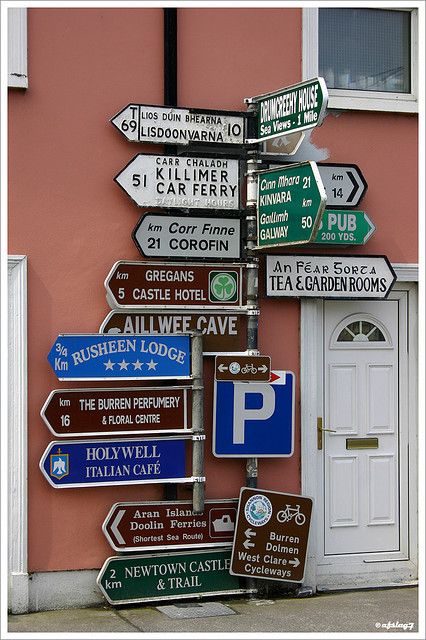 Could do a sign post with directions to the start of their journey, places they have been, and a happily ever after one. Magical Ireland, Irish Sayings, Funny Road Signs, Clare Ireland, Storefront Signs, County Clare, Irish Eyes, Castle Hotel, Beautiful Typography