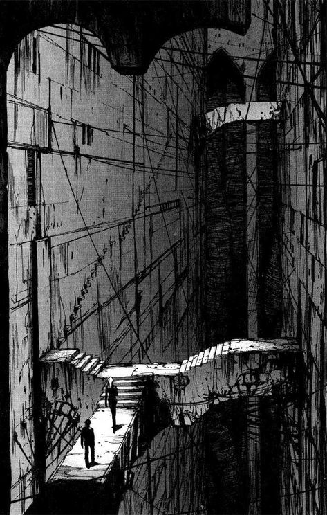 One of the panels of manga book Blame!, created by Tsutomo Nihei. Epic stuff.: Blame Manga, Tsutomu Nihei, Art Cyberpunk, Invisible Cities, 흑백 그림, Perspective Art, Arte Cyberpunk, Perspective Drawing, Cyberpunk Art