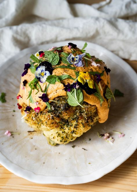 Whole Roasted Cauliflower with Romesco Sauce - sporckly Romesco Sauce, Whole Roasted Cauliflower, Vegetarian Menu, Roasted Cauliflower, Main Dish, Main Dishes, Sauce, Meat