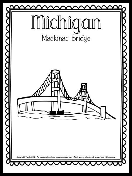 Michigan Mackinac Bridge Coloring Page {FREE Printable!} - The Art Kit Mackinac Bridge Drawing, Michigan Coloring Pages, Bridge Coloring Pages, Michigan Facts, State Project, Michigan Crafts, Room Activities, Mackinac Island Michigan, Michigan Adventures