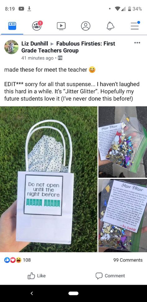 I'm thinking *Jitter Critters" instead of glitter. I may just go to the dollar store to get little stuffed animals to put in the bag! Jitter Glitter, Meet The Teacher, First Grade Teachers, In The Bag, Pre School, The Bag, First Grade, School Year, Dollar Stores