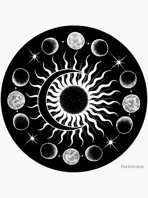 "Sun and Moon in black circle" Sticker by NorthAnima | Redbubble Circle Sticker Design, Circle Aesthetic, Wall Painting Ideas Creative, Vinyl Record Art Ideas, Cd Painting, Moon Circle, Bw Art, Drawing Room Decor, Lunar Phases