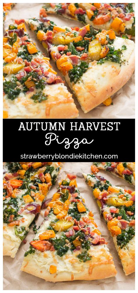 Autumn Harvest Pizza features roasted vegetables; butternut squash, carrots and garlic, buttery cheese, kale and pancetta to give you the best of fall in a fabulously delicious pizza! #stellacheese #pizza #pizzatime #butternutsquash AD  | Strawberry Blondie Kitchen Whole Wheat Pizza Crust Recipe, Harvest Pizza, Vegetable Flatbread, Fall Pizza, Strawberry Blondie, Whole Wheat Pizza, Pizza Recipes Homemade, Pizza Pizza, Delicious Pizza