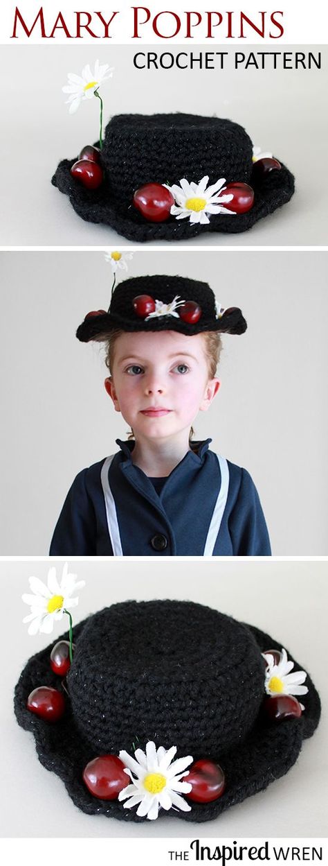 Crochet Pattern: Mary Poppins faux straw hat -- uses sparkle yarn for shine! Perfect for Halloween or cosplay. | The Inspired Wren Cosplay Crochet, Mary Poppins Hat, Disney Crochet Patterns, Crochet Costumes, Sparkle Yarn, Crochet Kids, Crocheted Hats, Crochet Disney, Kids Crochet