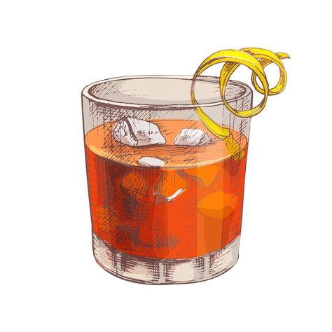 Negroni Drawing, Lemon Vector, Cocktail Book Design, Boulevardier Cocktail, Cocktails Drawing, Negroni Cocktail, Purple Cocktails, Boulevardier, Cocktail Illustration