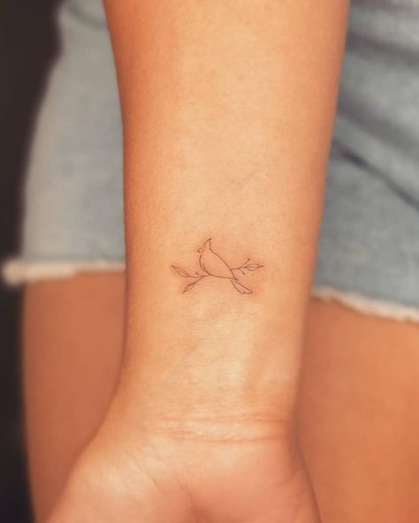 Two Cardinals On A Branch Tattoo, Tattoo Of A Cardinal, Cardinal Tattoo Dainty, Vintage Cardinal Tattoo, Cardinal Hand Tattoo, Cardinal Couple Tattoo, Red Bird Tattoos For Women, Fine Line Cardinal Tattoo, Fine Line Tattoo Wrist