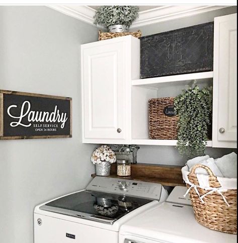 Shelf and Cabinet Laundry Room Modern, Top Loader Laundry Room, Grey Laundry Rooms, Laundry Room Wall Decor, Laundry Room Renovation, Laundry Room Remodel, Laundry Room Inspiration, Laundry Room Signs, Laundry Decor