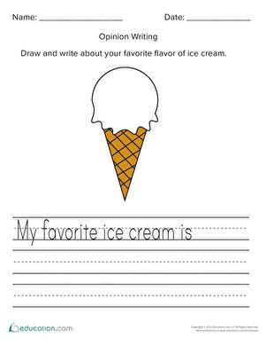 First Grade Building Sentences Writing Sentences Writing Stories Worksheets: My Favorite Ice Cream: Opinion Writing Ice Cream Writing Activities, August Worksheets, Ice Cream Writing, Ice Cream Worksheet, Opinion Writing Kindergarten, Kindergarten Management, Building Sentences, Elementary Writing Prompts, August Themes