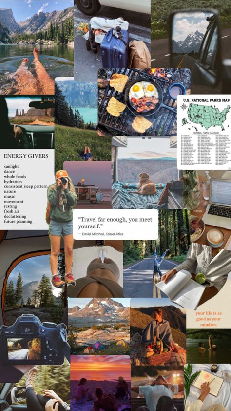 Travel, vanlife, healthy lifestyle, road trips, life on the road, hiking, camping, healing, enjoying life Healthy Food Photography, Life Collage, Cloud Atlas, 2024 Vision Board, Life On The Road, Adventure Travel Explore, National Parks Map, Hiking Aesthetic, Nature Music