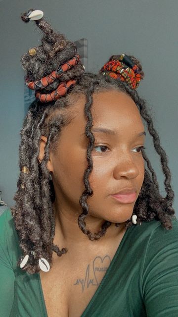 FLEXILOC™️ BAE on Instagram: "✨Handmade, handcrafted FlexiLoc hair tie. FlexiLocs are stylish, cute, and cultural inspired way to tie up your locs. Minimizing tangling, snagging, pulling, tightness, and breakage of hair. ❌NO more loose elastic hair ties!!! ❌NO more headaches from hair tightness or tension!!! ❌NO more hair breakage!!! ❌NO more loc thinning!!! ❌NO more knots and tangling from hair ties!!! FlexiLocs offer a secure firm hold to your locs. They also double as wrist bangles Hanging Loc Styles, Locs And Scrunchies, Loc Ties, Loc Goddess, Perm Rod Set, Loc Inspiration, Two Ponytails, Beautiful Locs, Marley Twists