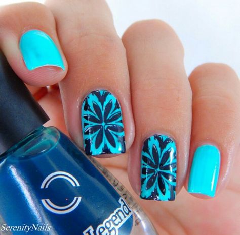 Turquoise and navy blue stamping nail art using MoYou plate, Dance Legend polish Navy And Turquoise Nails, Art Tricks, Different Types Of Nails, Navy Blue Nails, Turquoise Nails, Water Marbling, Stamping Nail Art, Toe Nail Designs, Nail Art Hacks