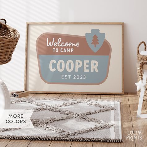 Add some fun wall decor to your boys' bedroom or playroom with this Custom Camp Name Sign print or canvas! Our wall art makes it easy to decorate your child's environment by adding that special touch of personality and whimsy. With multiple color options, it makes the perfect addition for a boy nursery, bedroom, playroom, dorm room, or any area around your home.    This listing is for one poster print or one canvas* Frames are not included** ★ PRODUCT INFORMATION ★ Poster Print: * Thick matte pa Happy Camper Nursery, Camp Theme Nursery, Camping Room For Boys, Camping Bedroom Decor, Camping Nursery Theme, Camping Theme Bedroom, Camping Nursery, Camping Bedroom, Camping Room