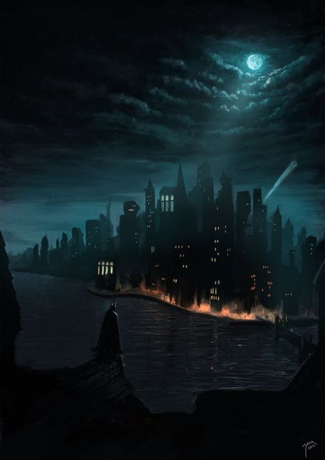 Gotham City Skyline, Batman Stuff, Batman Poster, Univers Dc, Batman Artwork, Batman Wallpaper, Dark City, Arkham Knight, Batman Comic Art